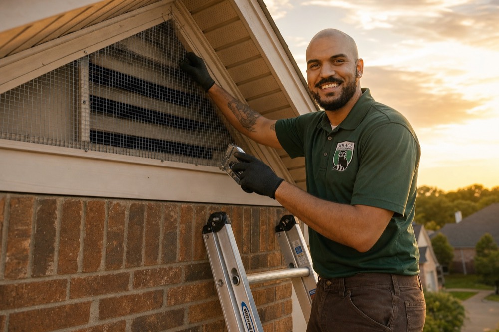 Technician sealing a roof vent after bat exclusion