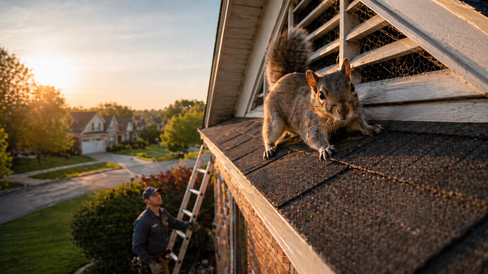 Squirrel at a gable vent while a Solace technician inspects the roofline
