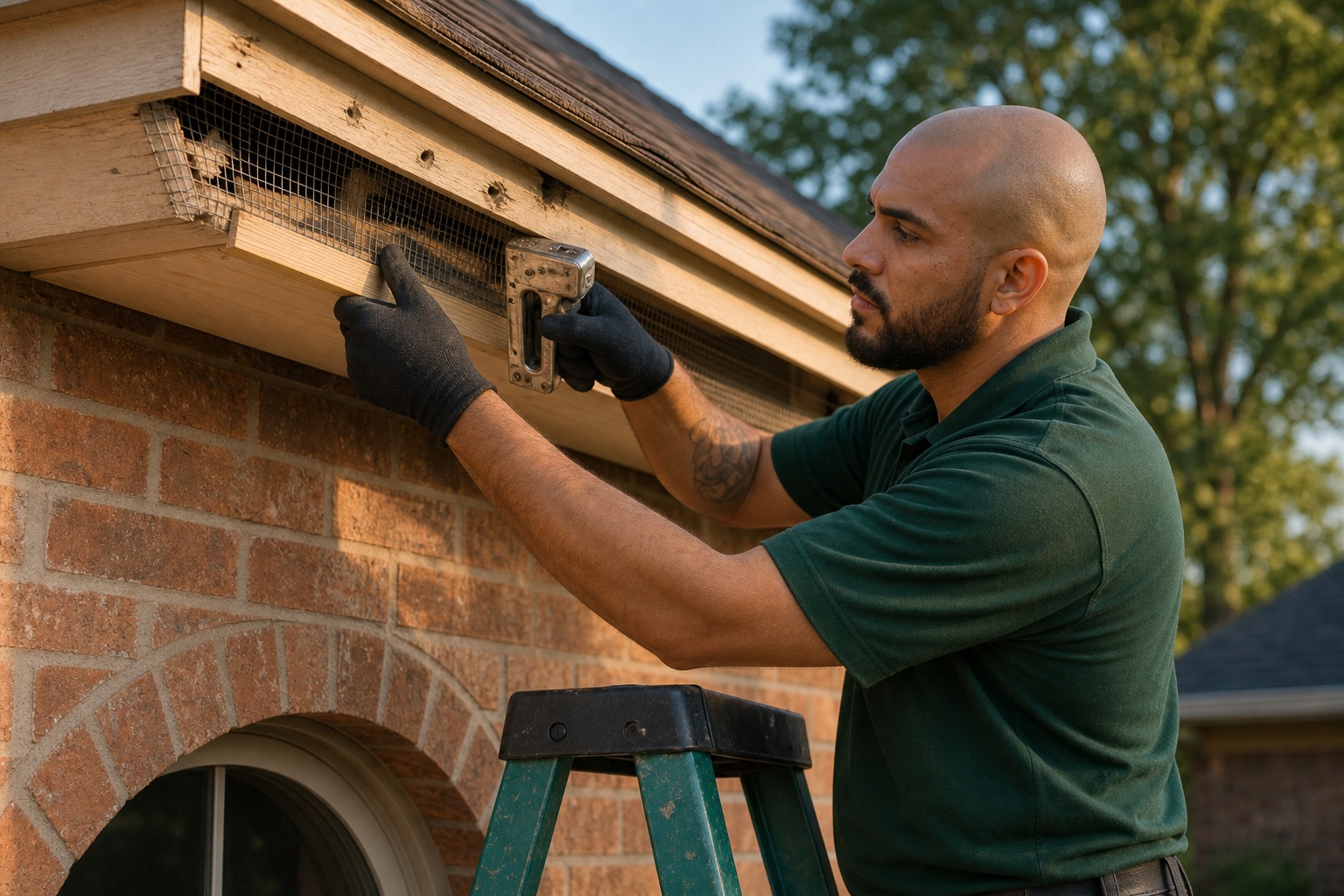 Technician stapling hardware cloth to seal a squirrel entry at the fascia