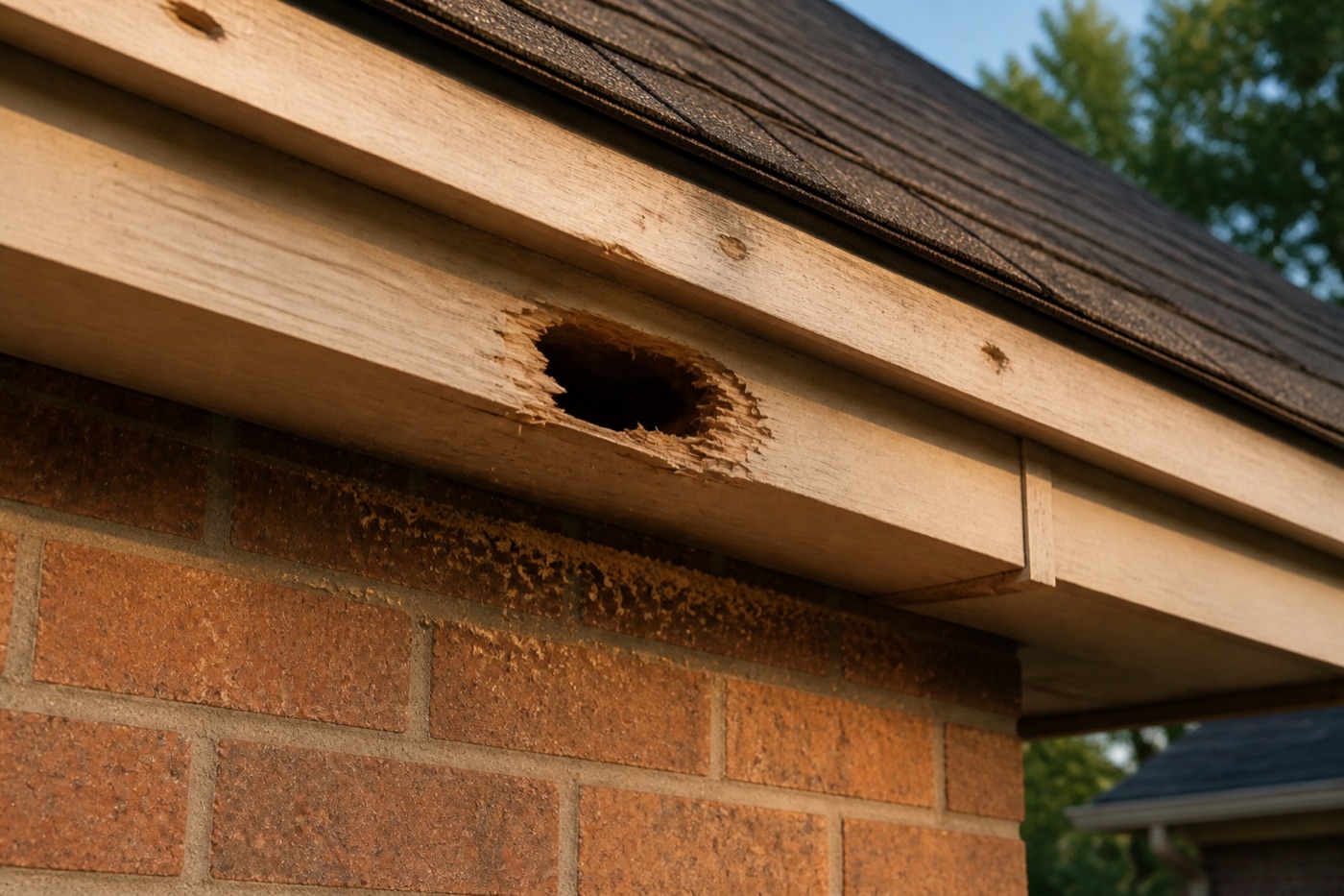 Squirrel chew hole in a soffit board with wood shavings on the brick below